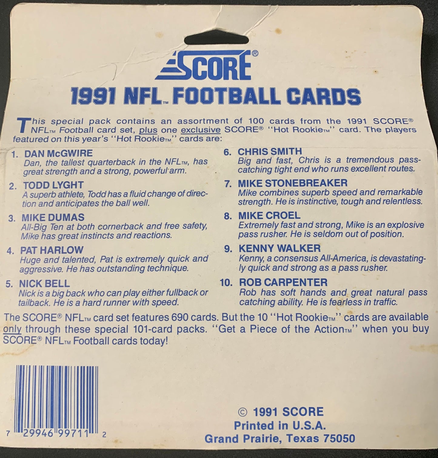 1991 Score NFL Hanger Set