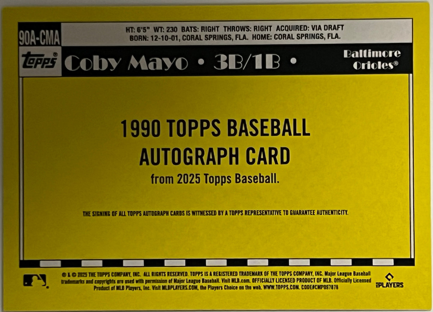 Baseball Coby Mayo #90A-CMA (Topps Certified Autograph Issue) 35th Anniversary