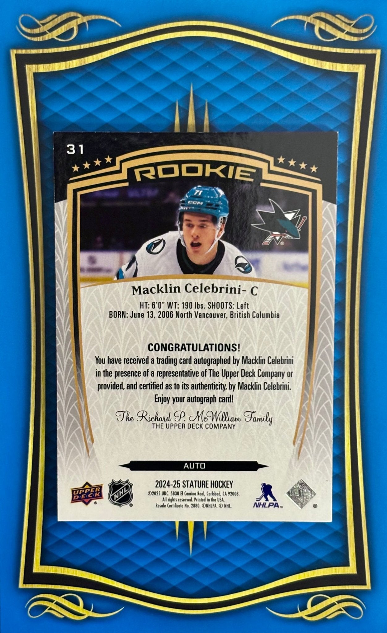 Sport Cards - Macklin Celebrini - 2025 Upper Deck Stature Autograph - 31 - Fan - Tastic Cards & Comics - Upper Deck