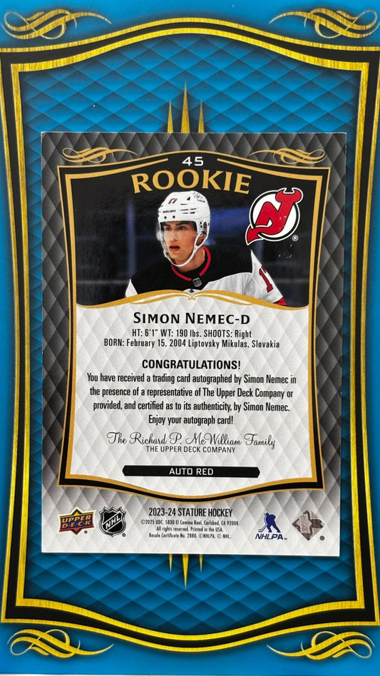 Sport Cards - Simon Nemec - 2025 Upper Deck Stature - RC Auto /99 - 45 - Fan - Tastic Cards & Comics - Upper Deck
