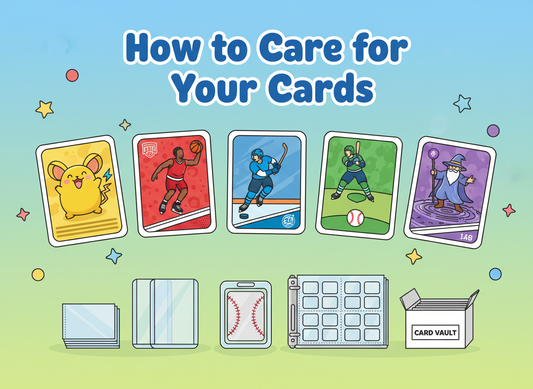 Cartoon banner showing different types of trading cards and card-protection supplies like penny sleeves, top loaders, and a one-touch holder.
