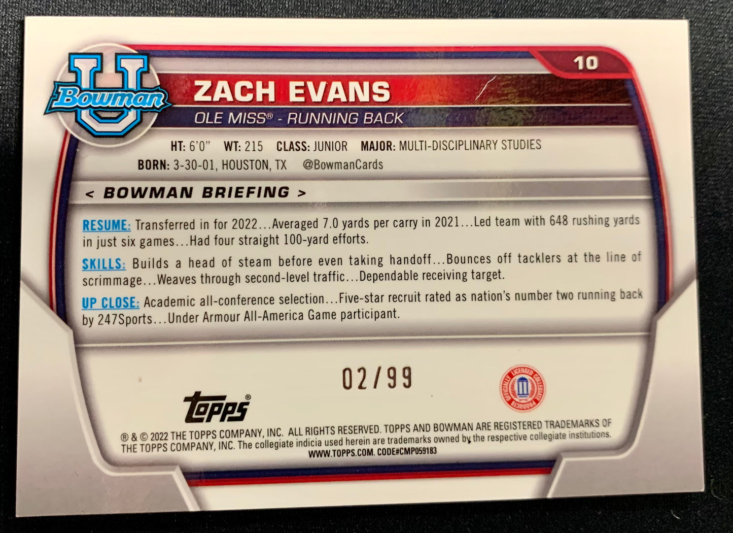 Zach Evans - 2022 U Bowman - #10 /99