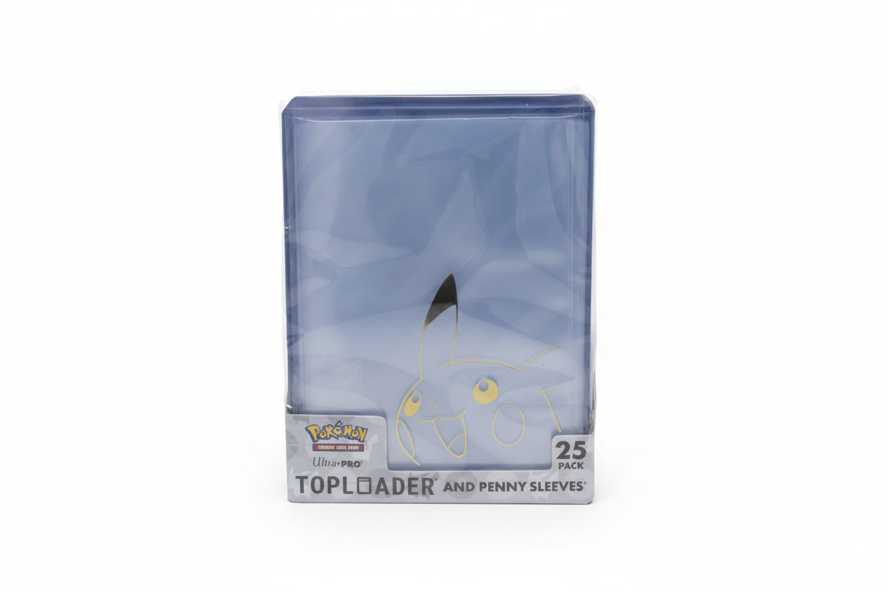 Pokémon Toploader and Penny Sleeves packaging with a blue background and Pokémon logo.
