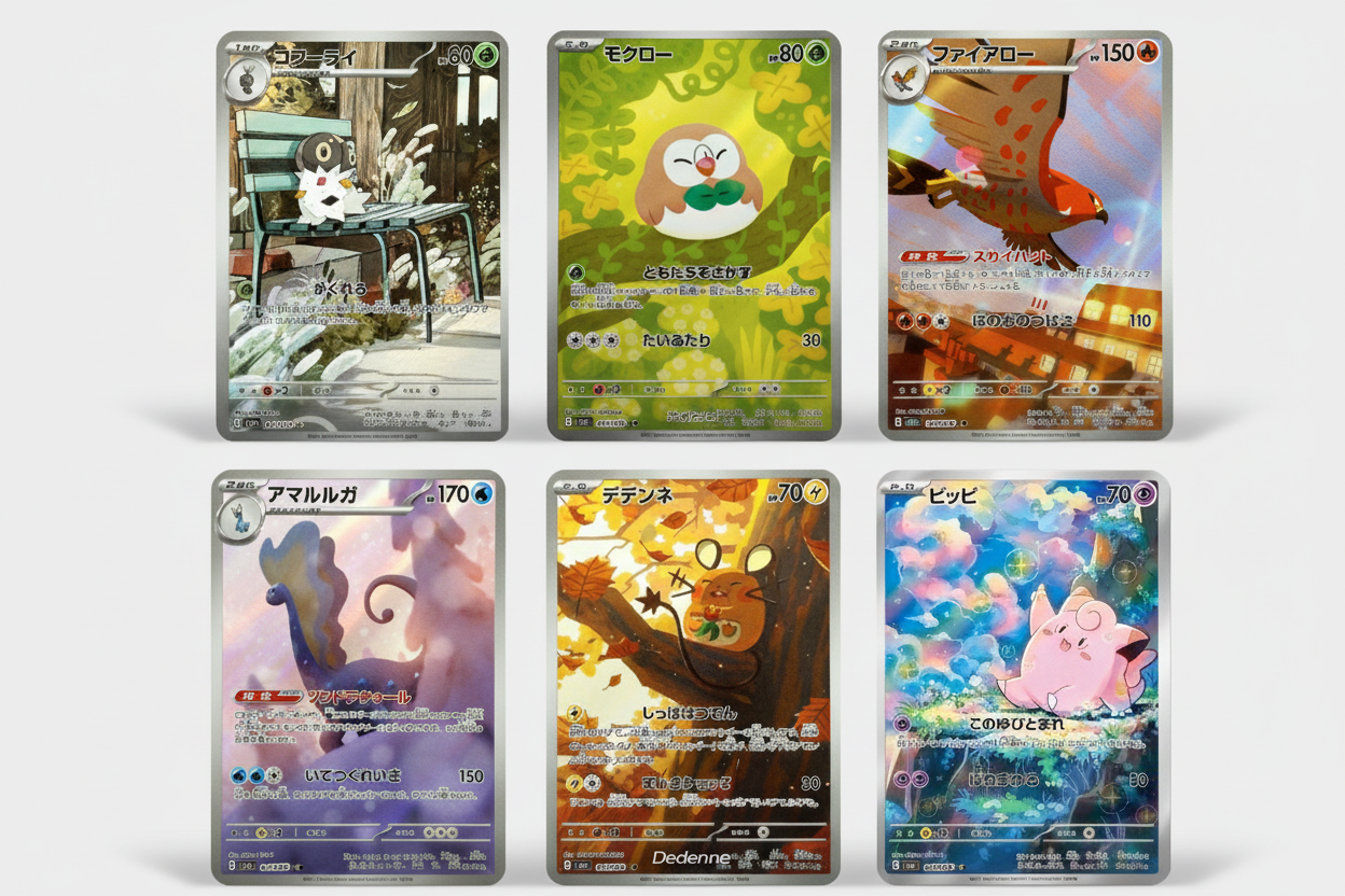 Collection of six colorful trading cards featuring various characters on a white background.