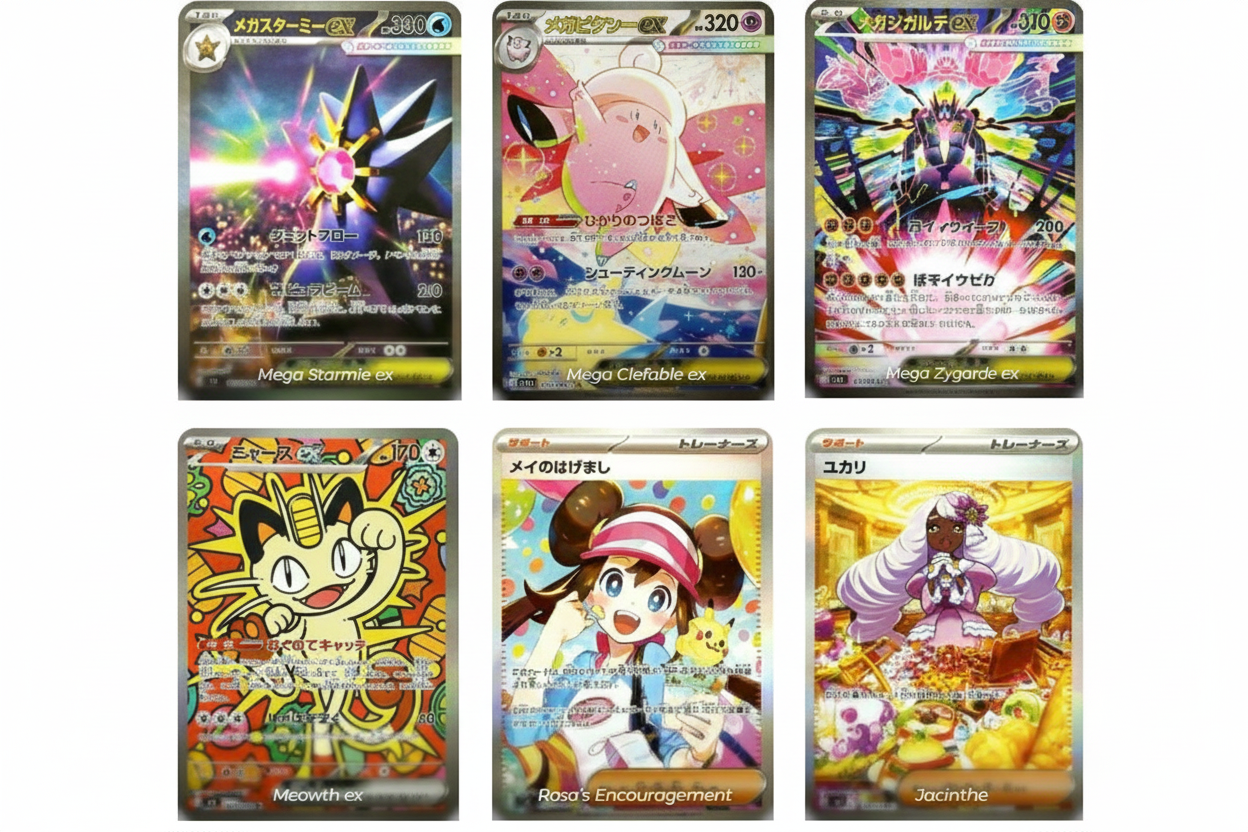 Six colorful trading cards featuring various characters and creatures.