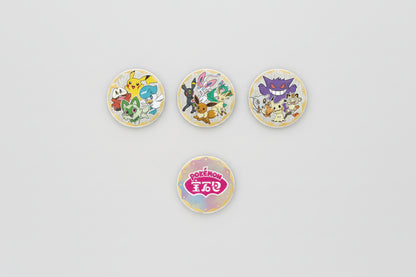 Four round badges featuring various Pokémon characters on a white background.