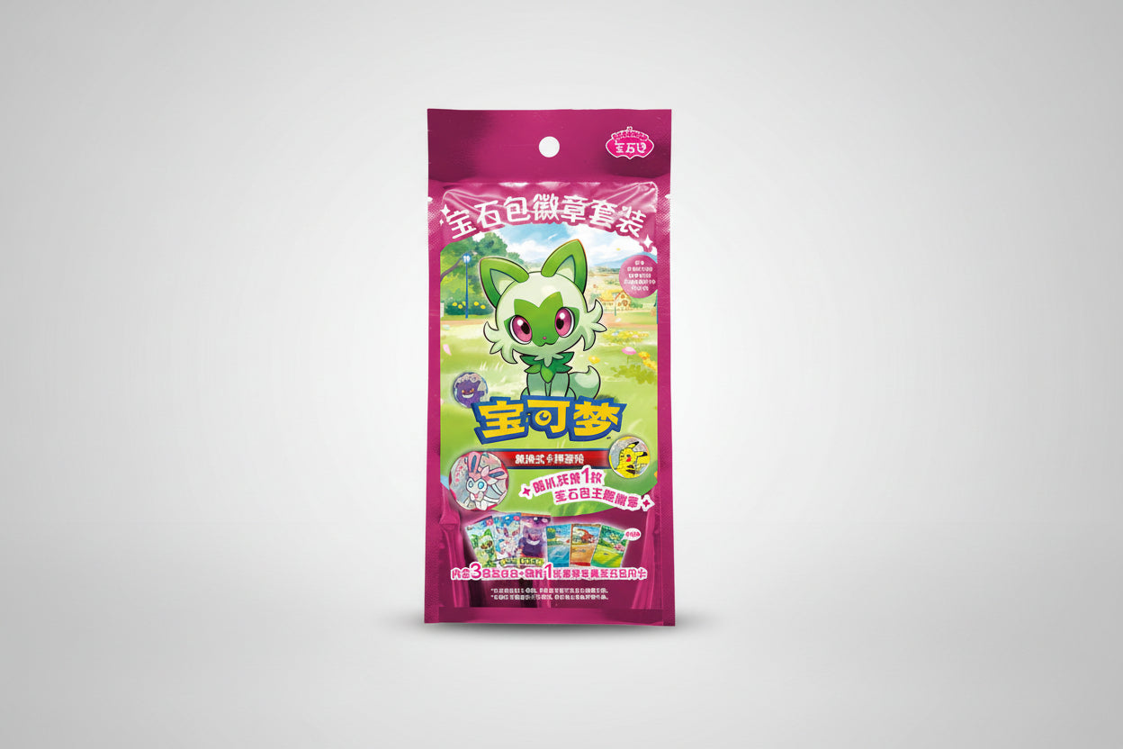Pokémon trading card game packaging with a green character on a pink background