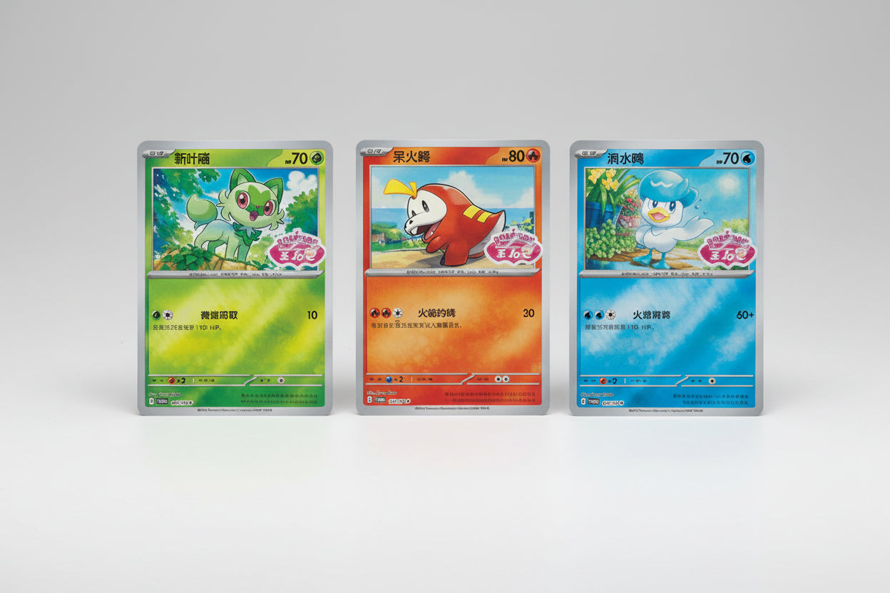 Three colorful trading cards featuring cartoon characters on a white background