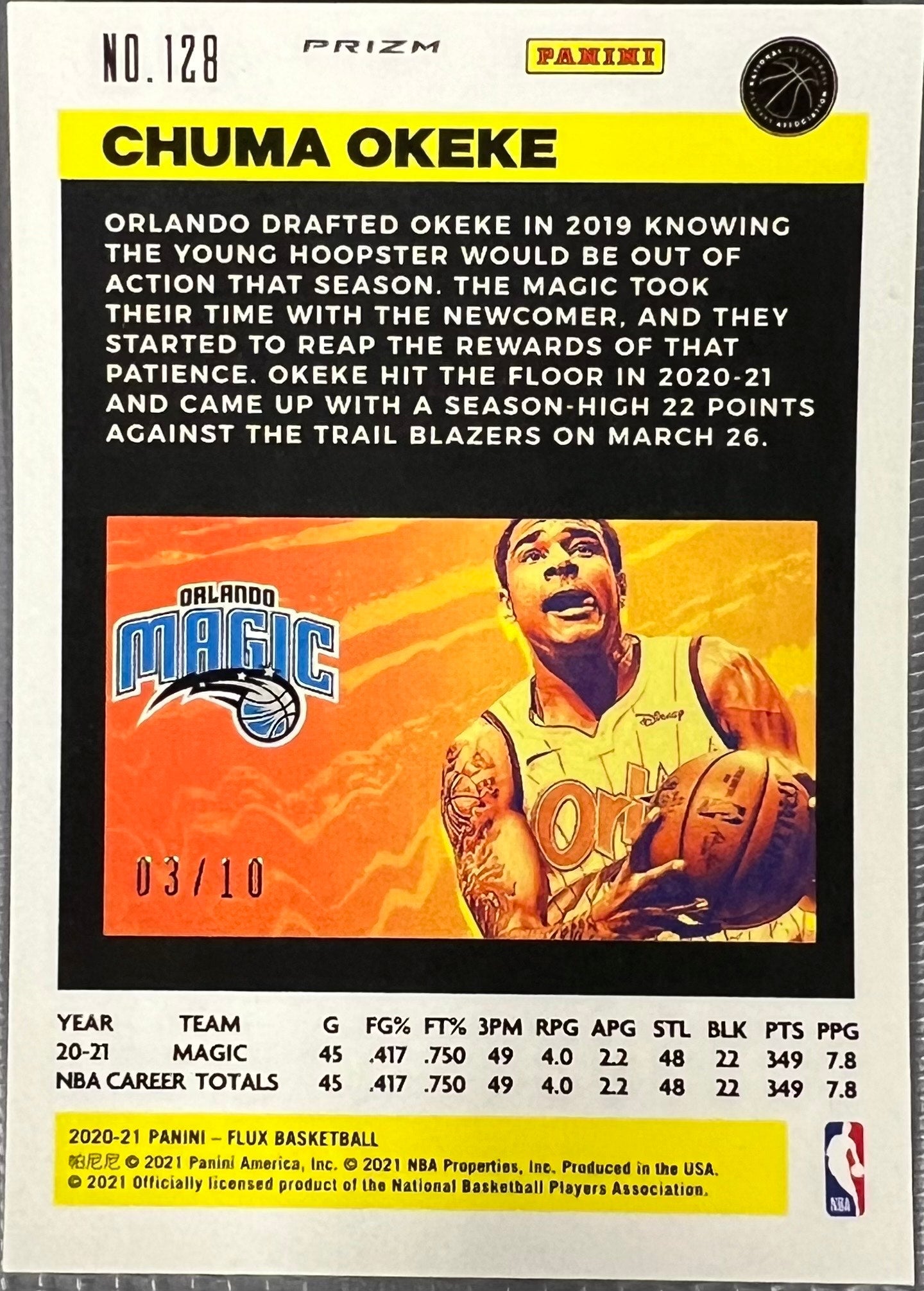 Sport Cards - Basketball Chuma Okeke (Flux Basketball) 128 Numbered 3/10 - Fan - Tastic Cards & Comics - Panini
