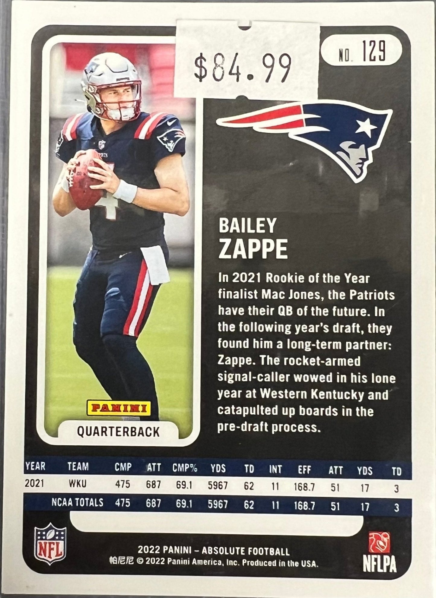 Sport Cards - Football Bailey Zappe (Absolute Football) 129 - Fan - Tastic Cards & Comics - Panini