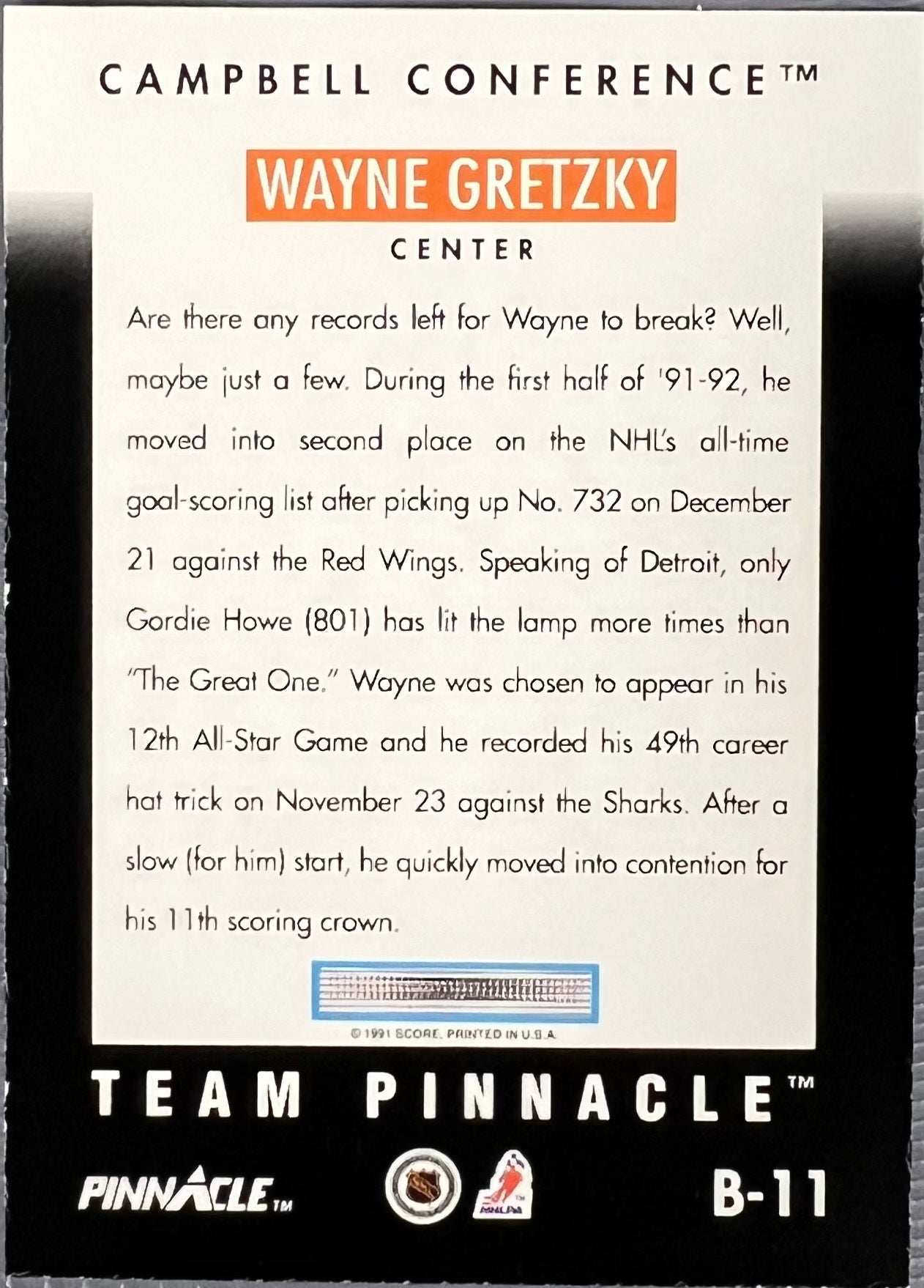 Sport Cards - Wayne Gretzky - 1991 Pinnacle Team Pinaccle - B - 11 - Fan - Tastic Cards & Comics - Pinnacle