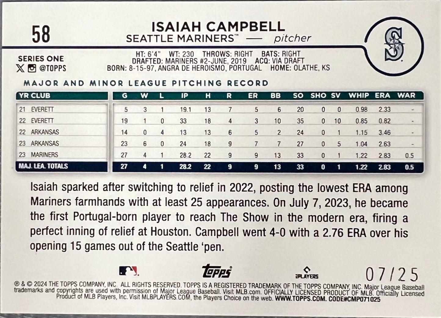 Sport Cards - Baseball Isaiah Campbell (Tops Series One) 58 Numbered 07/25 - Fan - Tastic Cards & Comics - Topps