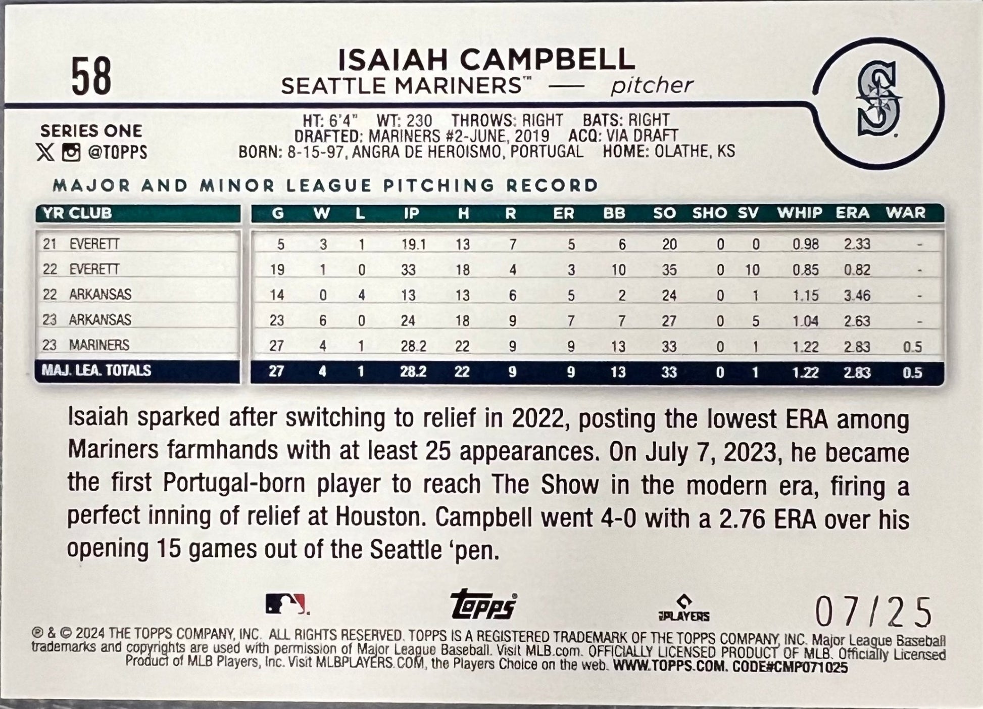 Sport Cards - Baseball Isaiah Campbell (Tops Series One) 58 Numbered 07/25 - Fan - Tastic Cards & Comics - Topps