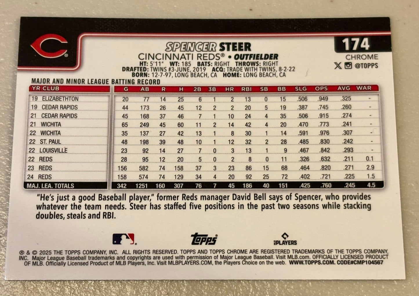 Sport Cards - Spencer Steer - 2025 Topps Chrome Lightboard Logo - 174 - Fan - Tastic Cards & Comics - Topps