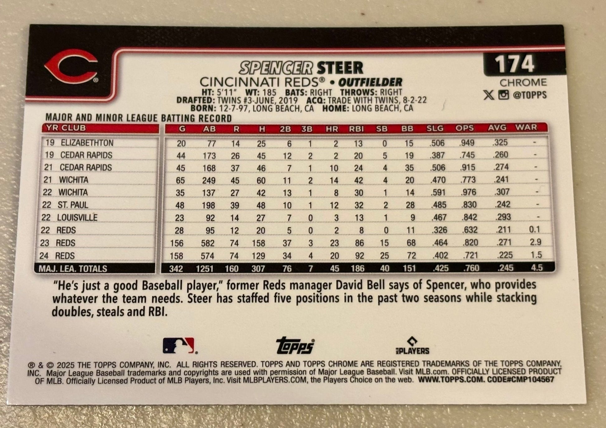 Sport Cards - Spencer Steer - 2025 Topps Chrome Lightboard Logo - 174 - Fan - Tastic Cards & Comics - Topps