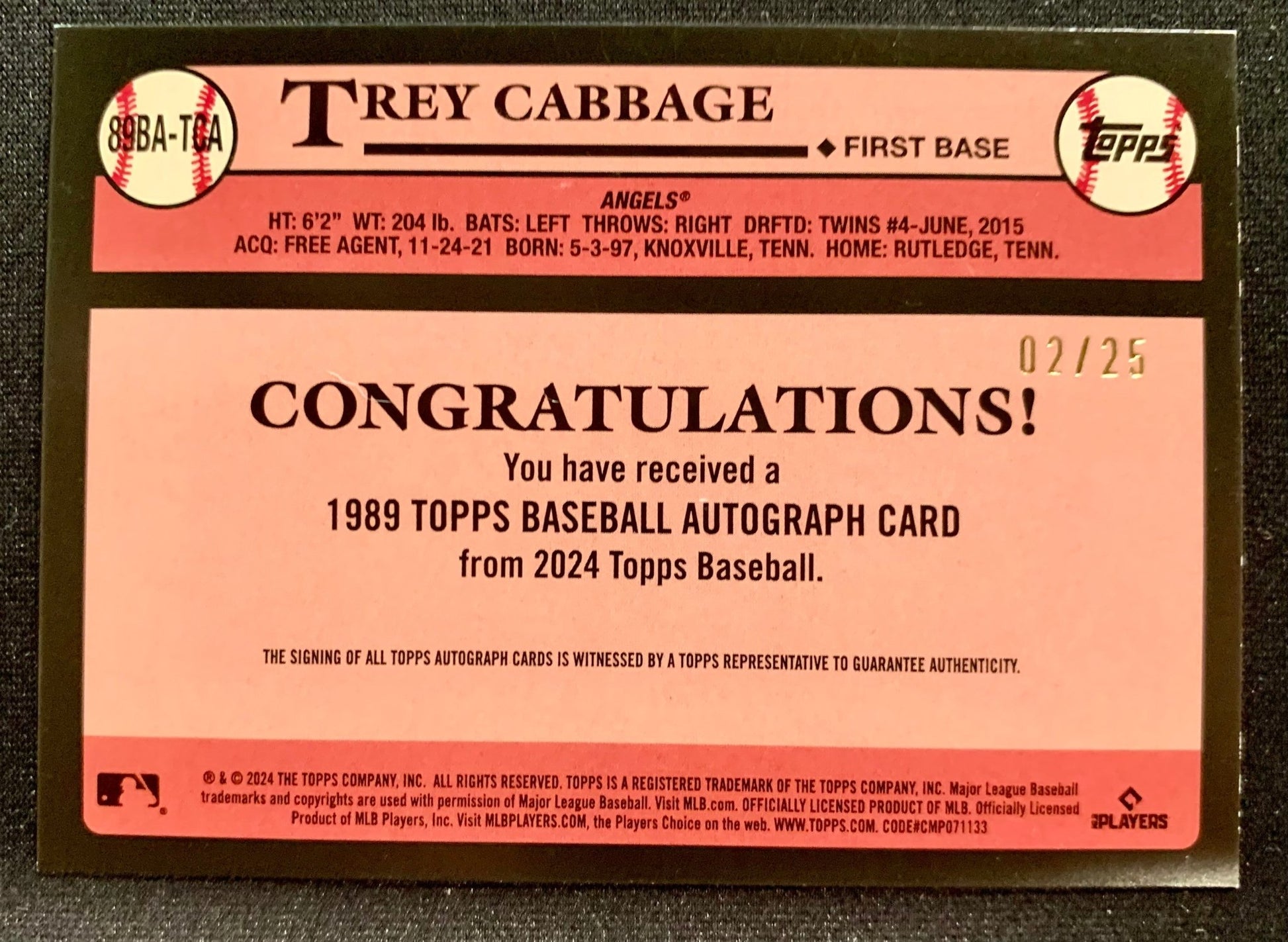 Sport Cards - Trey Cabbage - 2024 Topps Series 1 1989 Autograph Red - 89BA - TCA - Fan - Tastic Cards & Comics - Topps