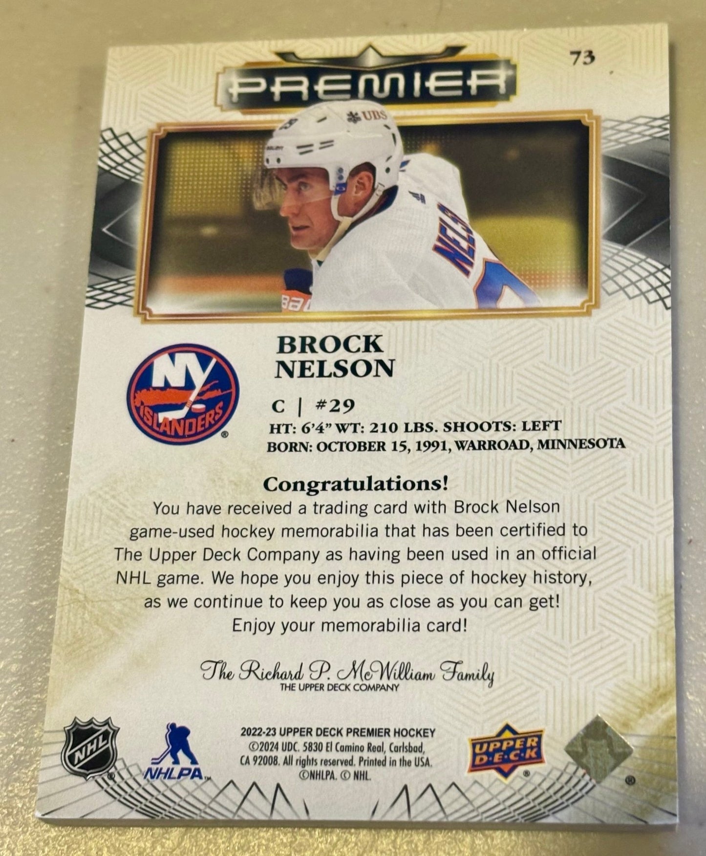 Sport Cards - Brock Nelson - 2023 Upper Deck Premier Jersey - 73 - Fan - Tastic Cards & Comics - Upper Deck