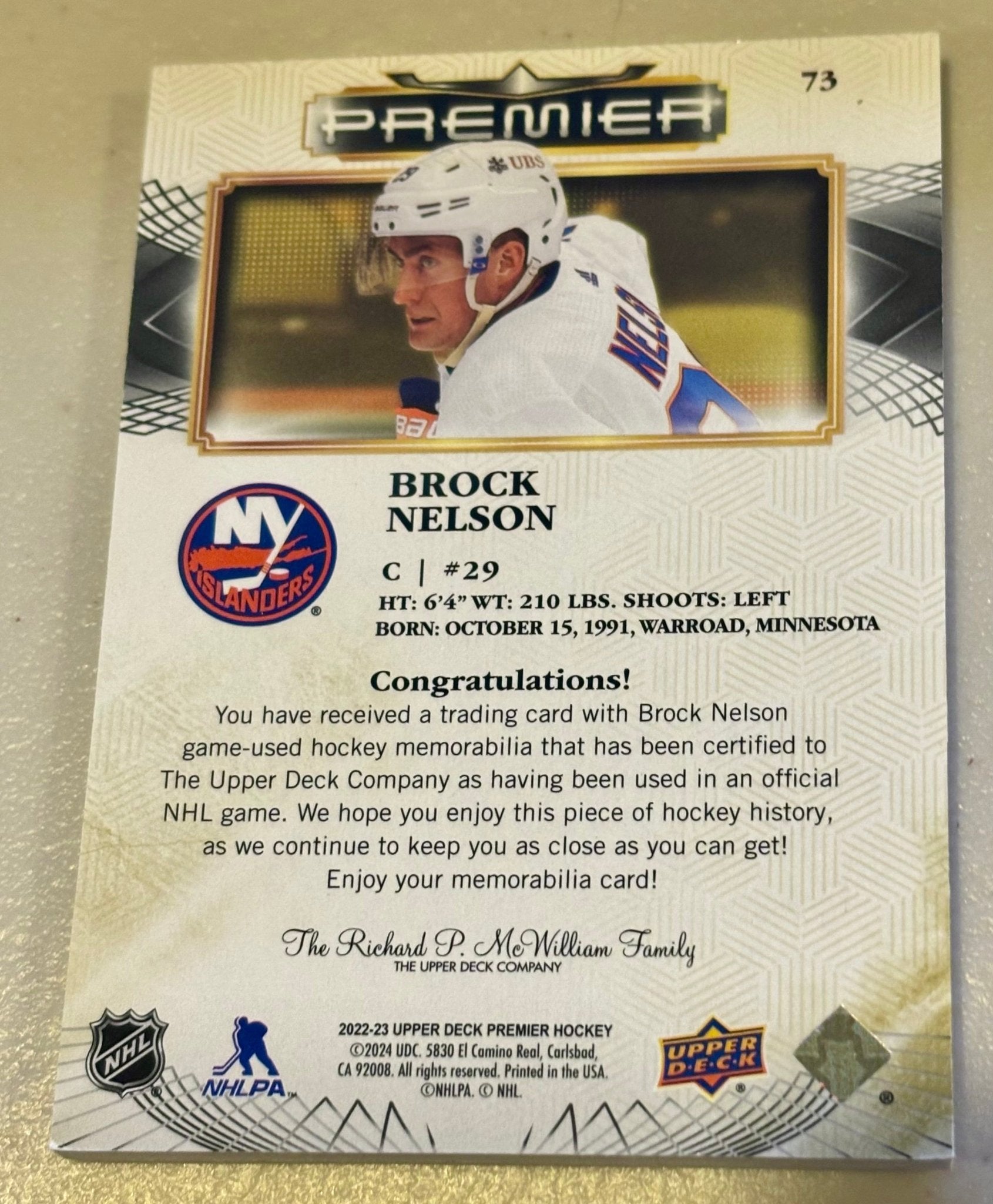 Sport Cards - Brock Nelson - 2023 Upper Deck Premier Jersey - 73 - Fan - Tastic Cards & Comics - Upper Deck