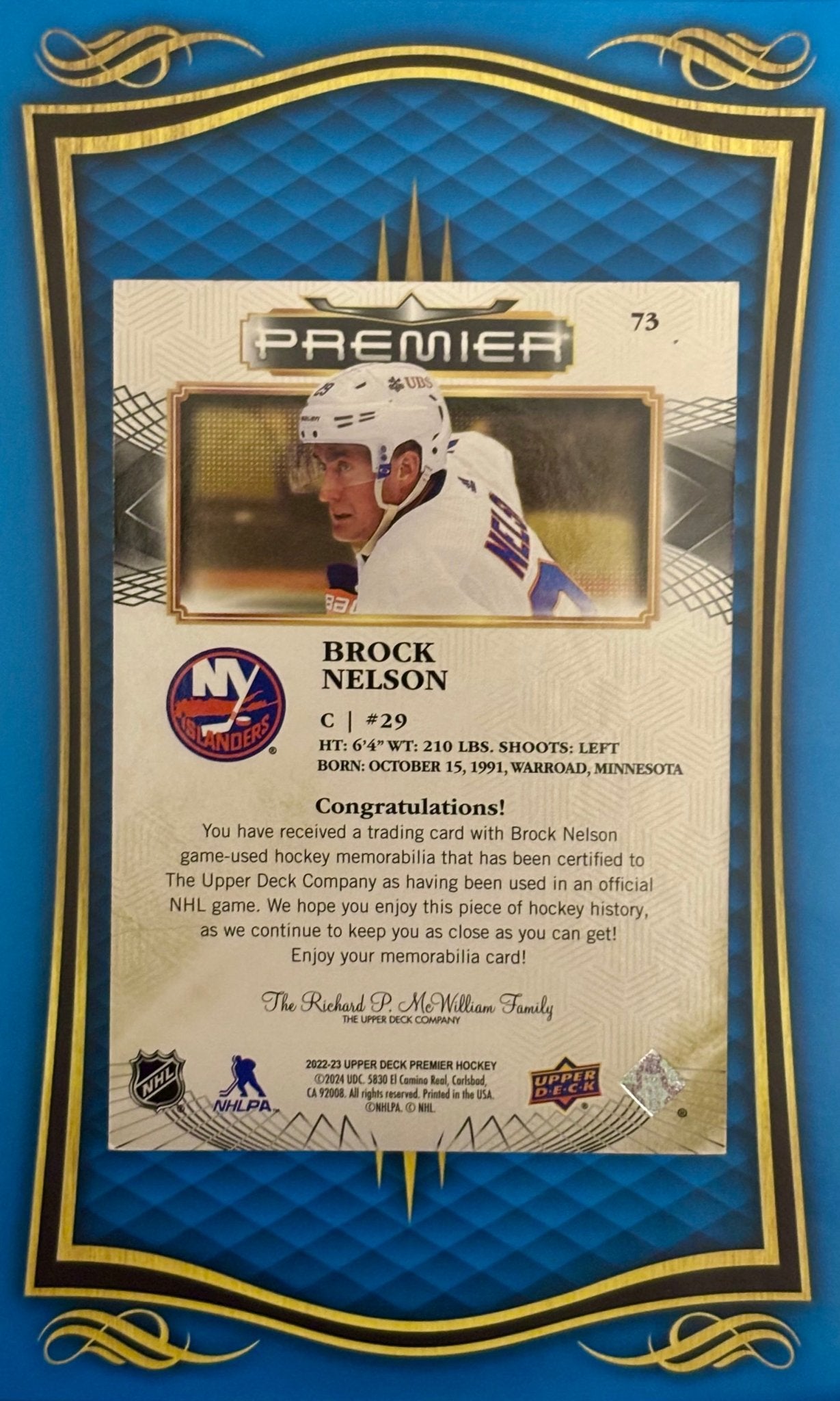 Sport Cards - Brock Nelson - 2023 Upper Deck Premier Jersey - 73 - Fan - Tastic Cards & Comics - Upper Deck
