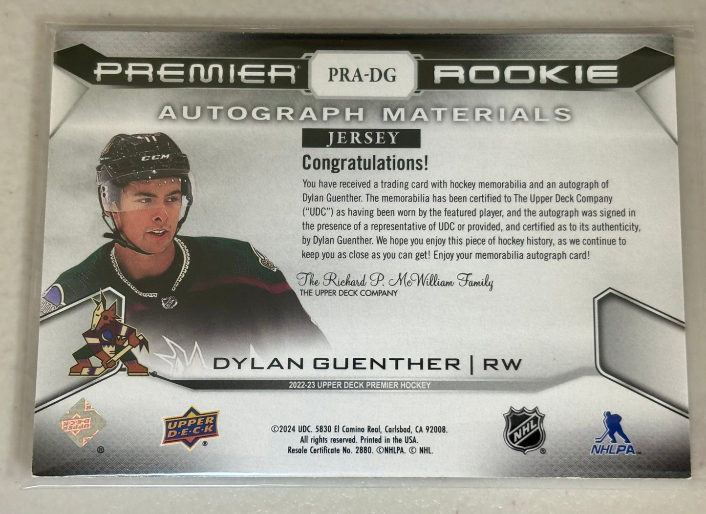 Sport Cards - Dylan Guenther - 2022 Upper Deck Premier Rookie Auto Jersey - PRA - DG - Fan - Tastic Cards & Comics - Upper Deck