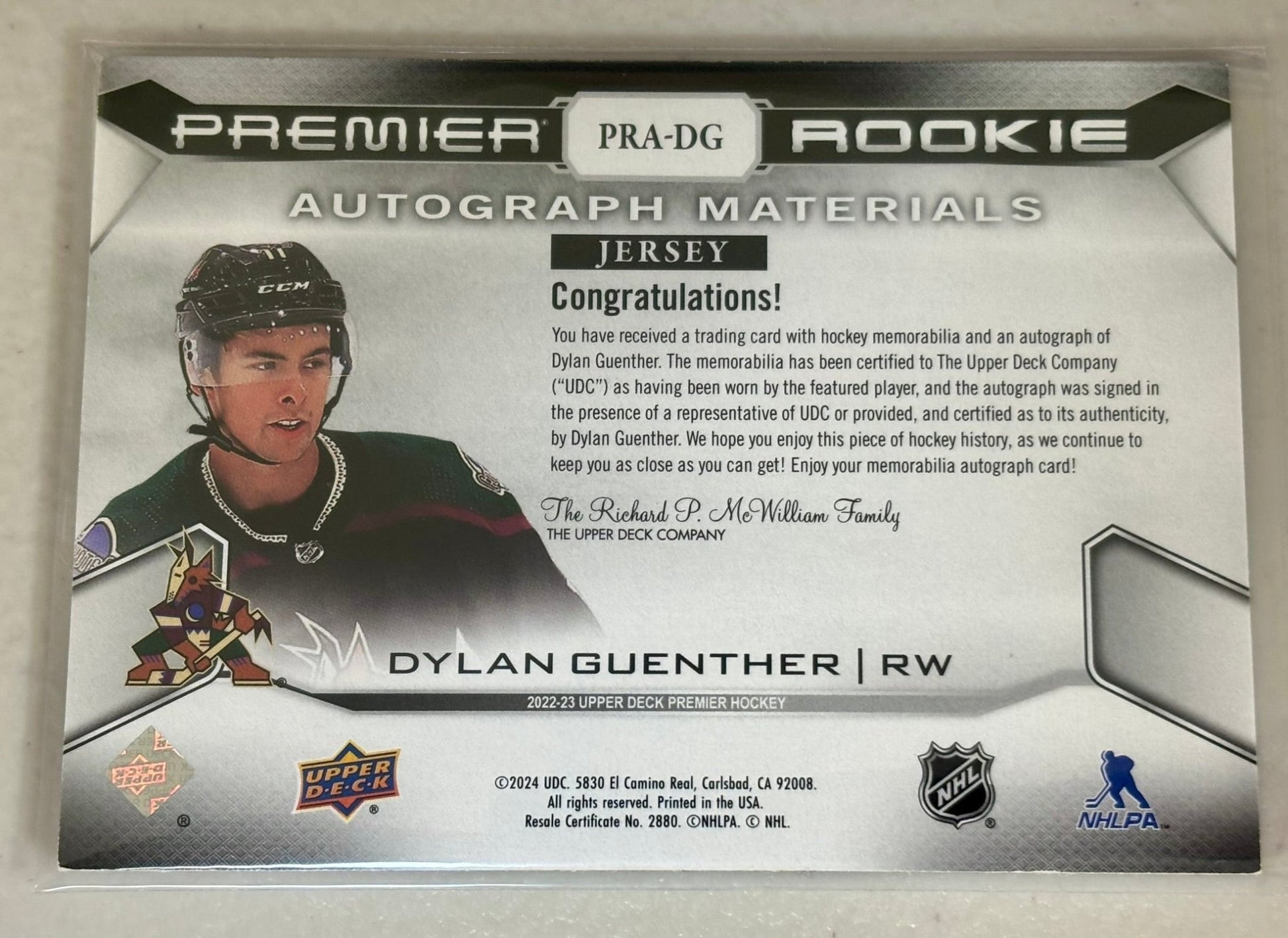 Sport Cards - Dylan Guenther - 2022 Upper Deck Premier Rookie Auto Jersey - PRA - DG - Fan - Tastic Cards & Comics - Upper Deck