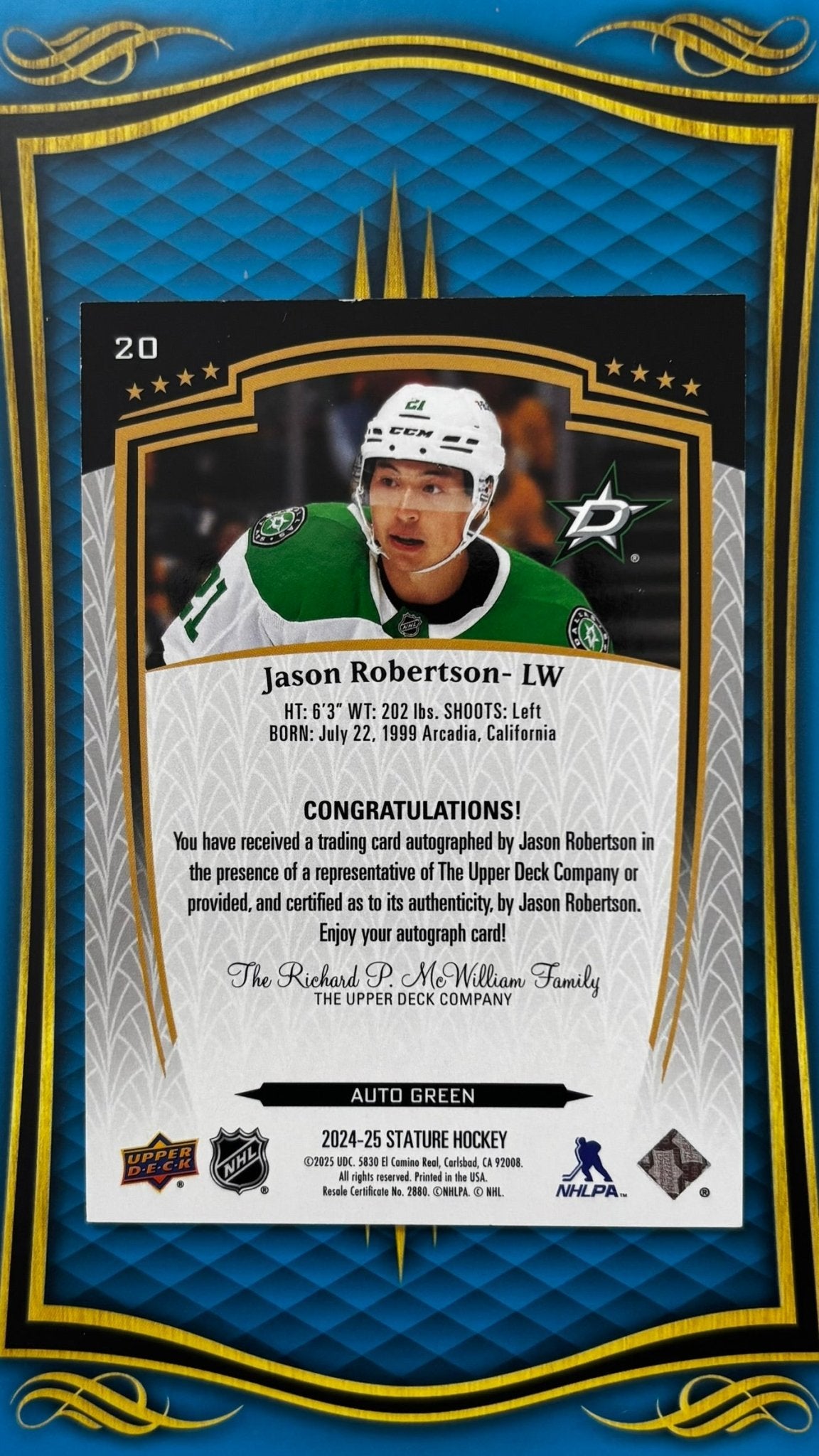 Sport Cards - Jason Robertson - 2025 Upper Deck Stature - 20 - Green Auto /199 - Fan - Tastic Cards & Comics - Upper Deck