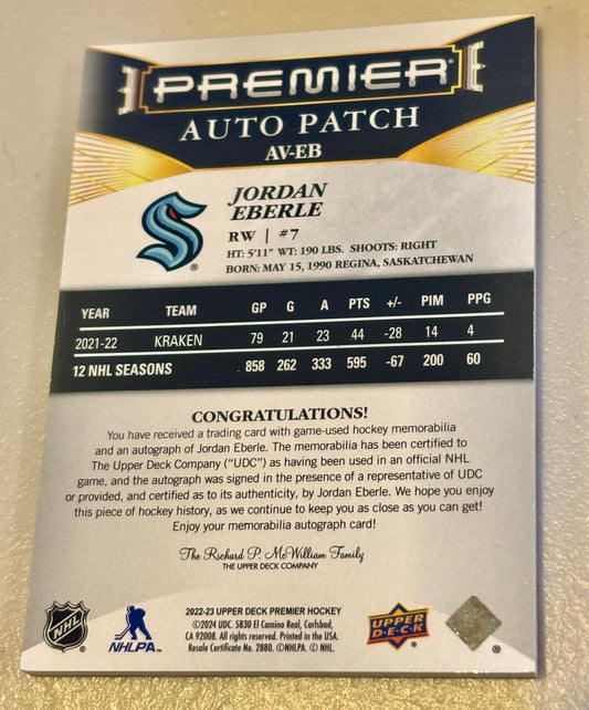 Sport Cards - Jordan Eberle - 2023 Upper Deck Premier Auto Patch - AV - EB - Fan - Tastic Cards & Comics - Upper Deck