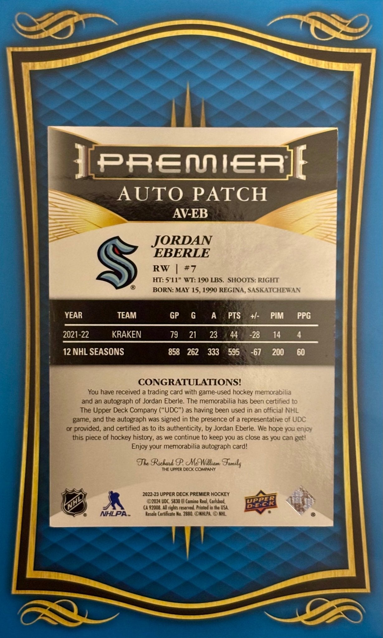 Sport Cards - Jordan Eberle - 2023 Upper Deck Premier Auto Patch - AV - EB - Fan - Tastic Cards & Comics - Upper Deck