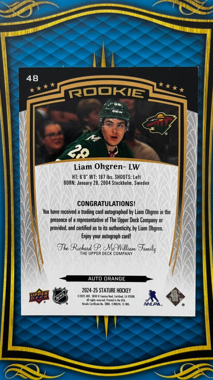 Sport Cards - Liam Ohgren - 2025 Stature - RC Auto /50 Orange - 48 - Fan - Tastic Cards & Comics - Upper Deck