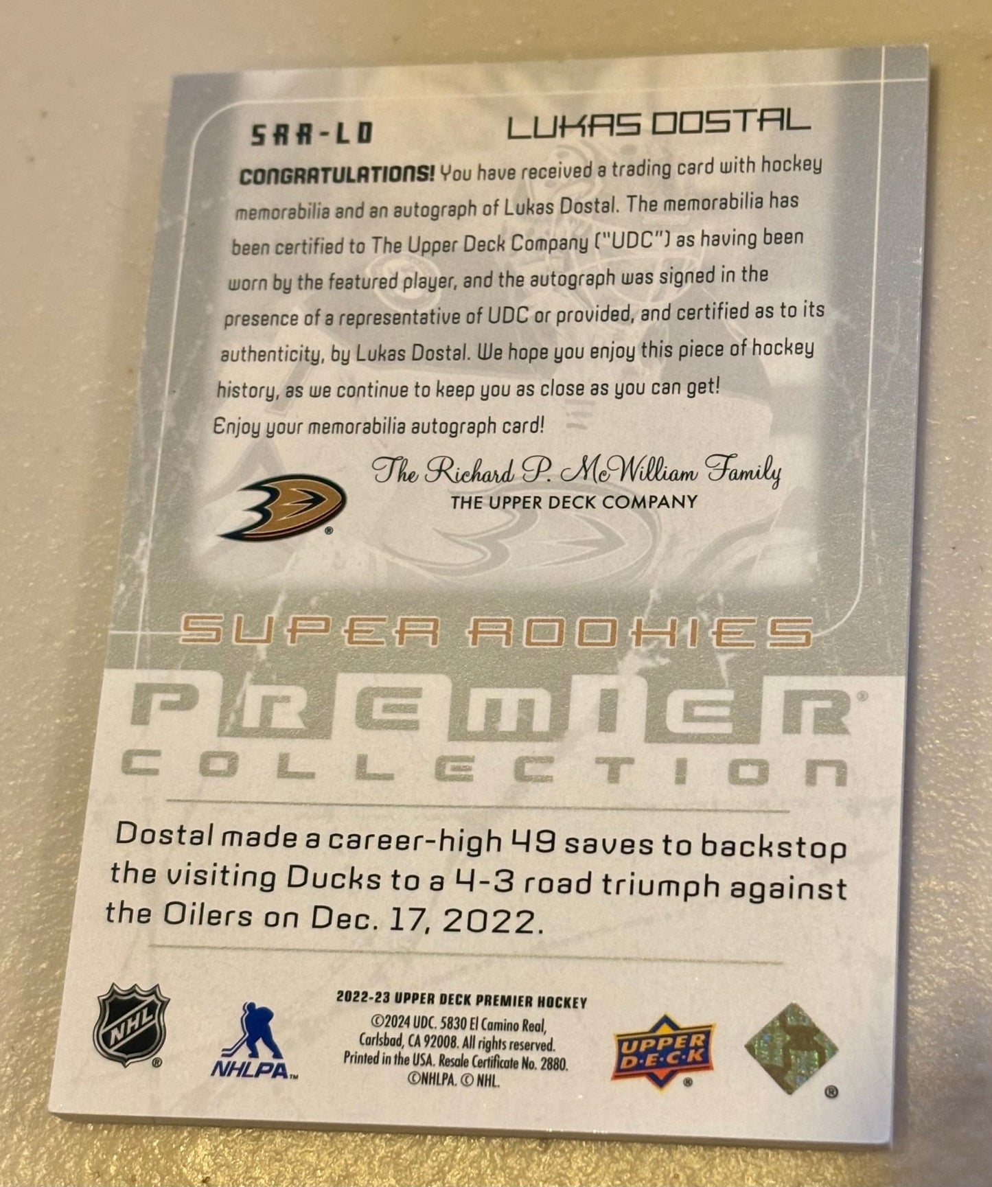 Sport Cards - Lukas Dostal - 2023 Upper Deck Premier Super Rookies - SAA - LO - Fan - Tastic Cards & Comics - Upper Deck