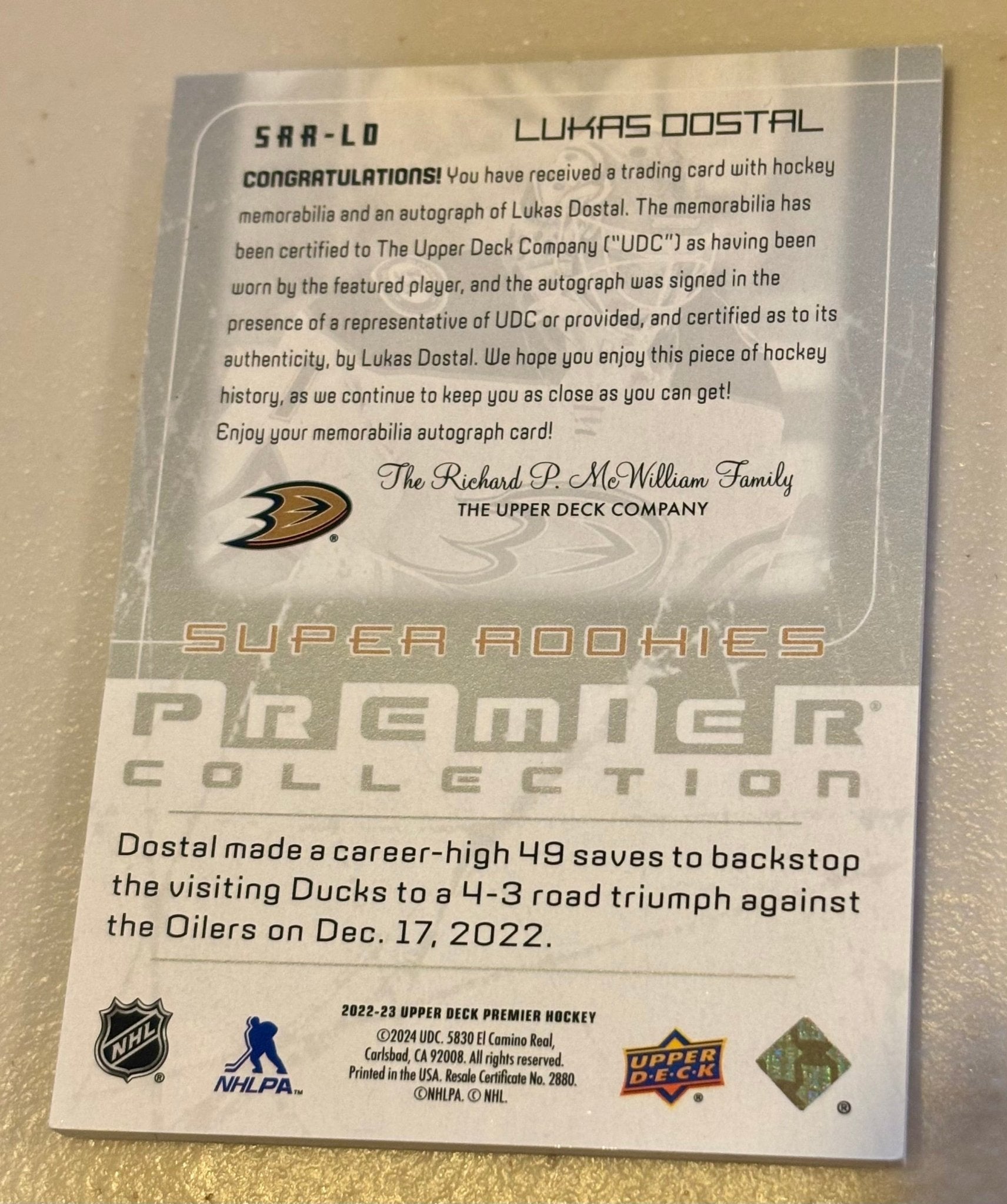 Sport Cards - Lukas Dostal - 2023 Upper Deck Premier Super Rookies - SAA - LO - Fan - Tastic Cards & Comics - Upper Deck