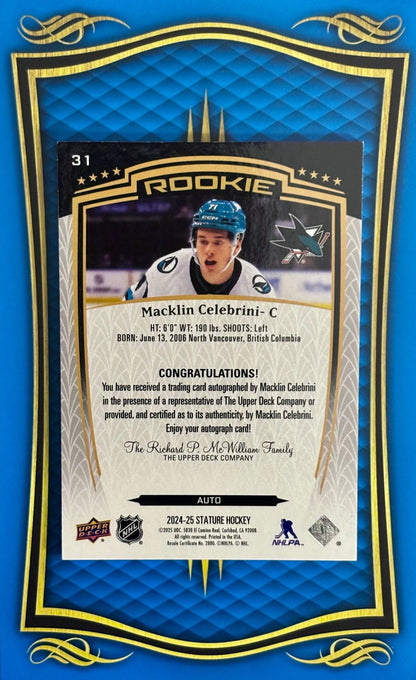 Sport Cards - Macklin Celebrini - 2025 Upper Deck Stature Autograph - 31 - Fan - Tastic Cards & Comics - Upper Deck
