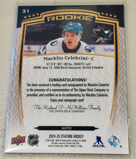 Sport Cards - Macklin Celebrini - 2025 Upper Deck Stature Autograph - 31 - Fan - Tastic Cards & Comics - Upper Deck