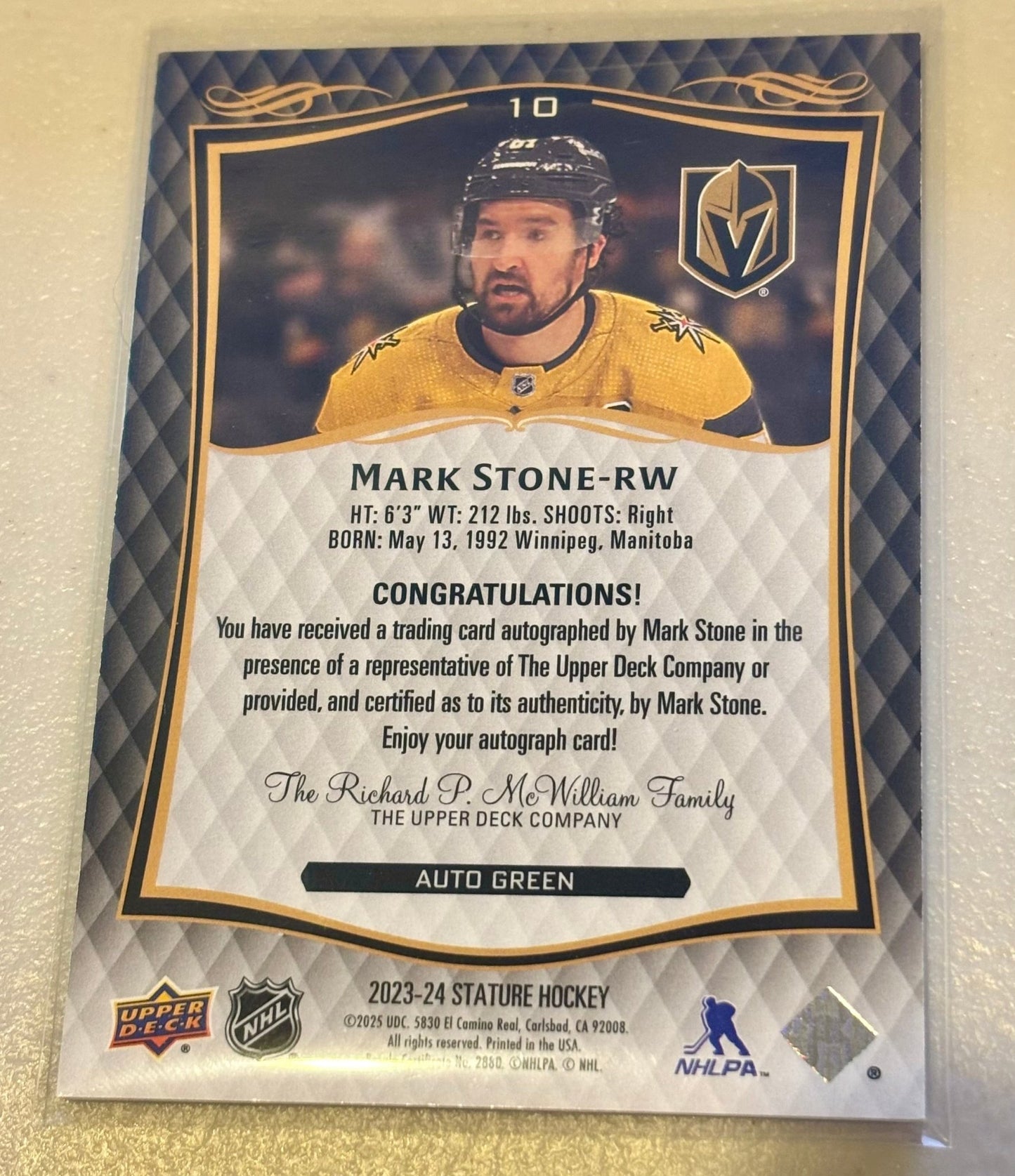 Sport Cards - Mark Stone - 2025 Upper Deck Stature Green Autograph - 10 - Fan - Tastic Cards & Comics - Upper Deck
